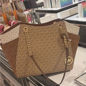 Michael Kors Brown and Cream Tote with Gold Accents